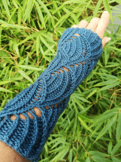 Blue Waves Lace HandKnit Fingerless Armwarmer Gift