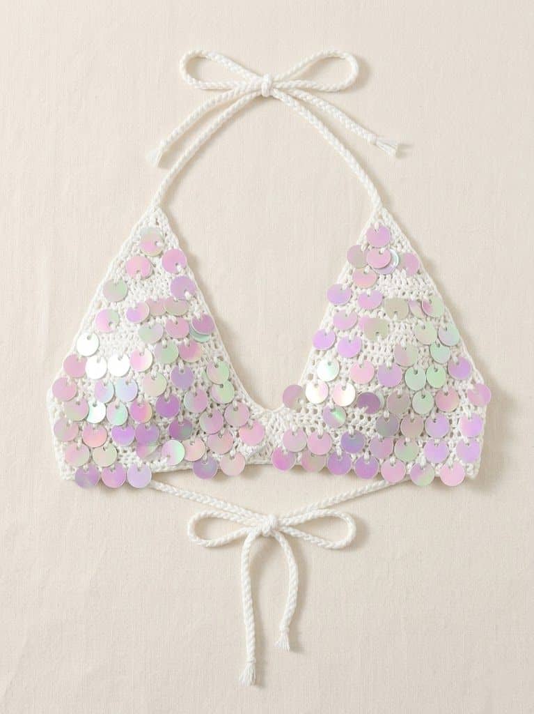 White Handmade Crochet Festival Y2K Sequins Halter Top