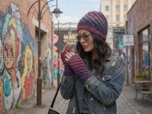 Hand Knit Beanie & Fingerless Gloves Set - Multicolor Made in Canada