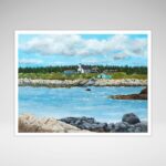 a print of seal island nova scotia featuring a coastal landscape of old buildings and a church with a wharf and slipway and an ocean foreground