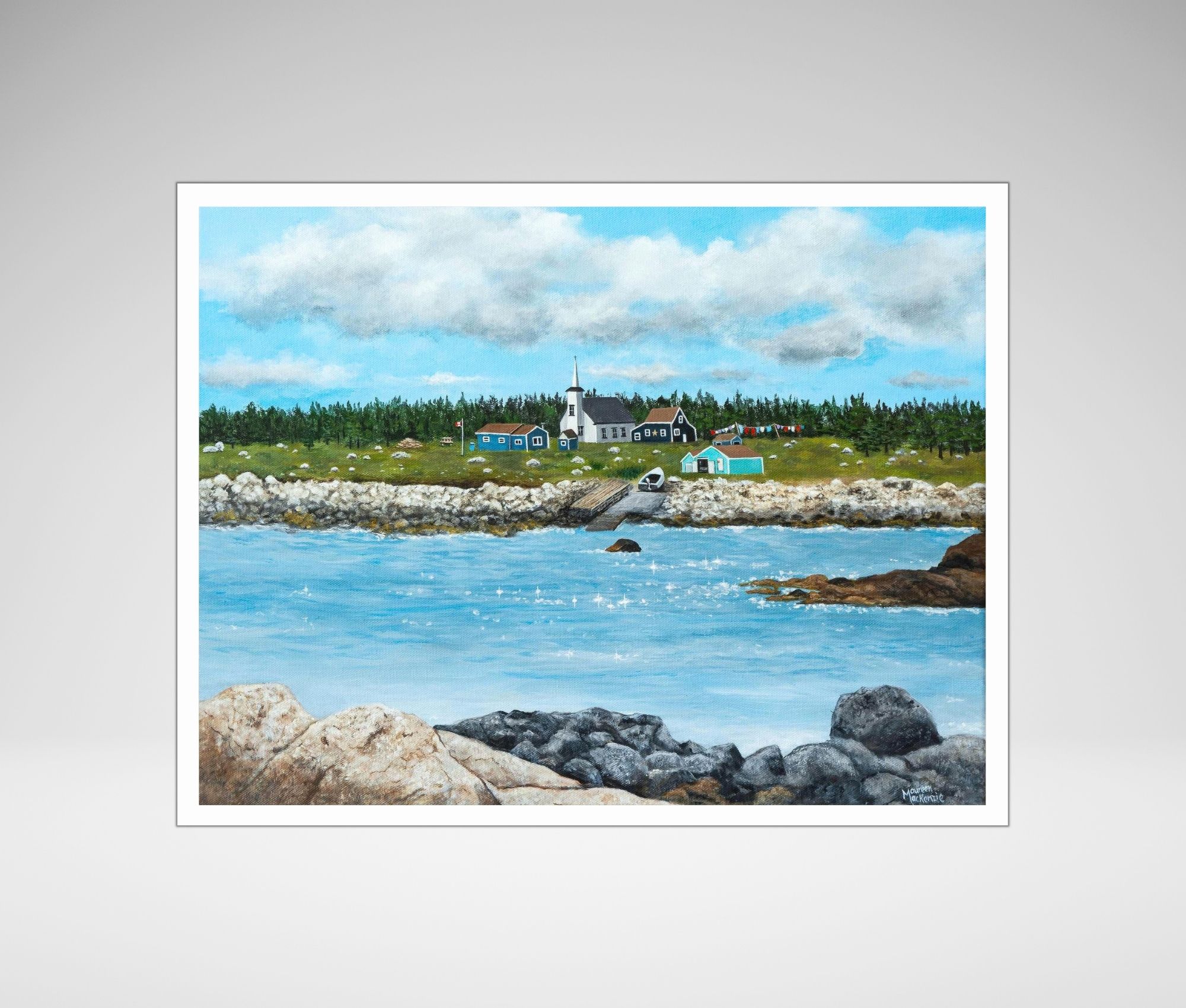 a print of seal island nova scotia featuring a coastal landscape of old buildings and a church with a wharf and slipway and an ocean foreground