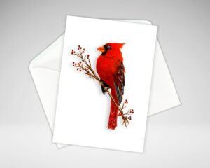 a note card of a vibrant red cardinal facing left on a branch with white berries