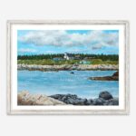 a print of seal island nova scotia featuring a coastal landscape of old buildings and a church with a wharf and slipway and an ocean foreground