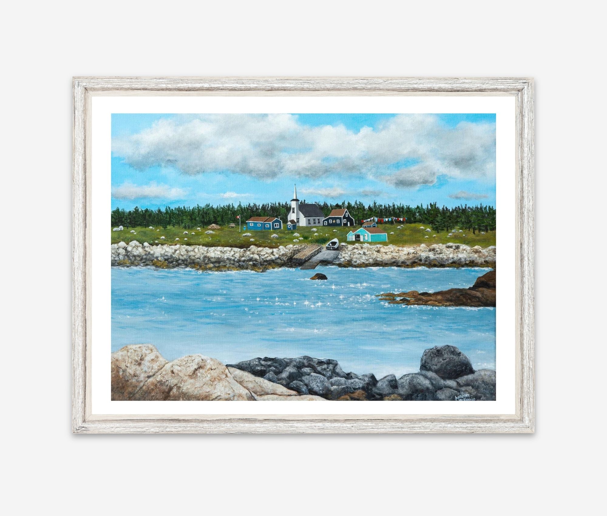 a print of seal island nova scotia featuring a coastal landscape of old buildings and a church with a wharf and slipway and an ocean foreground