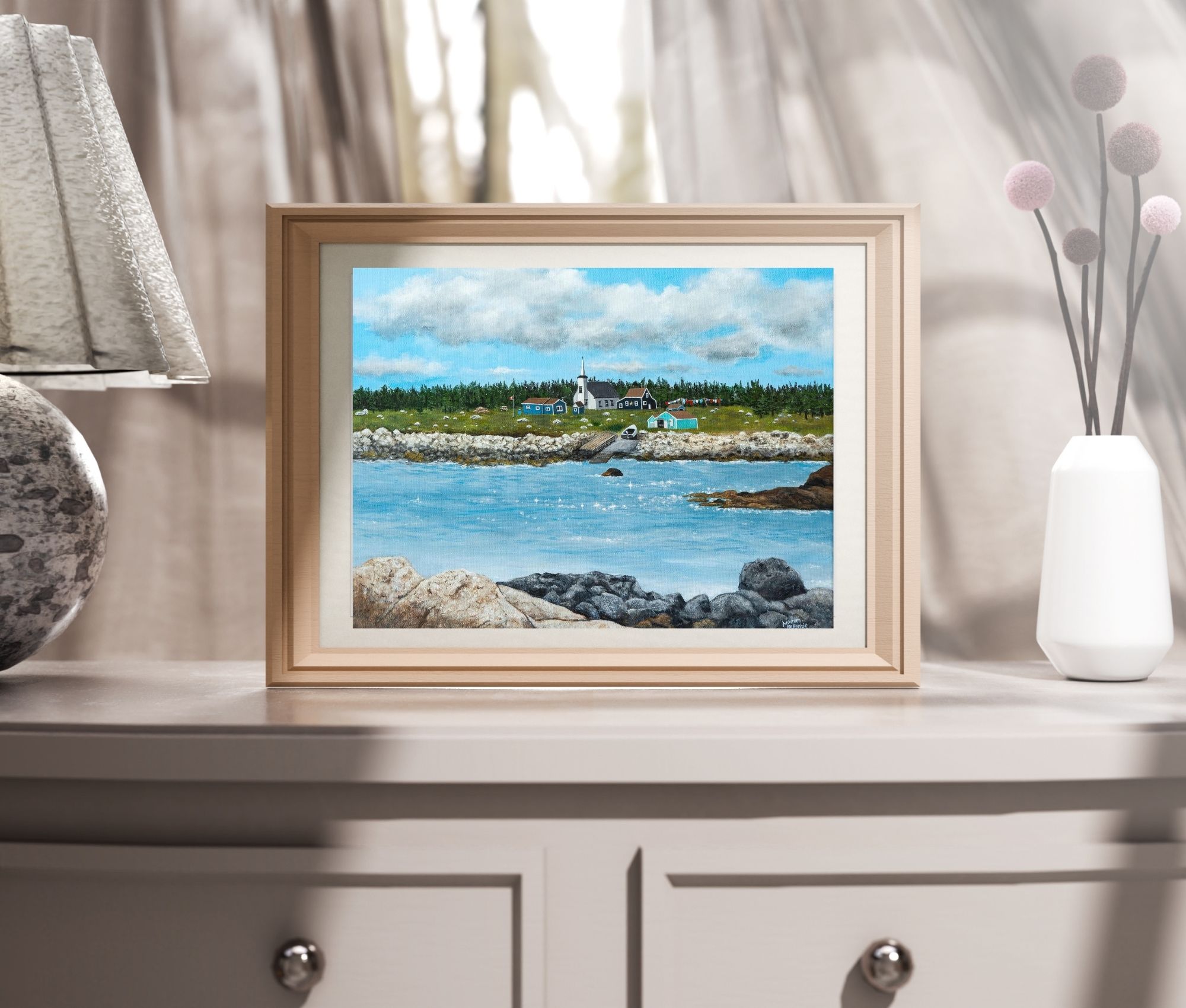a print of seal island nova scotia featuring a coastal landscape of old buildings and a church with a wharf and slipway and an ocean foreground