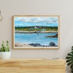 a print of seal island nova scotia featuring a coastal landscape of old buildings and a church with a wharf and slipway and an ocean foreground
