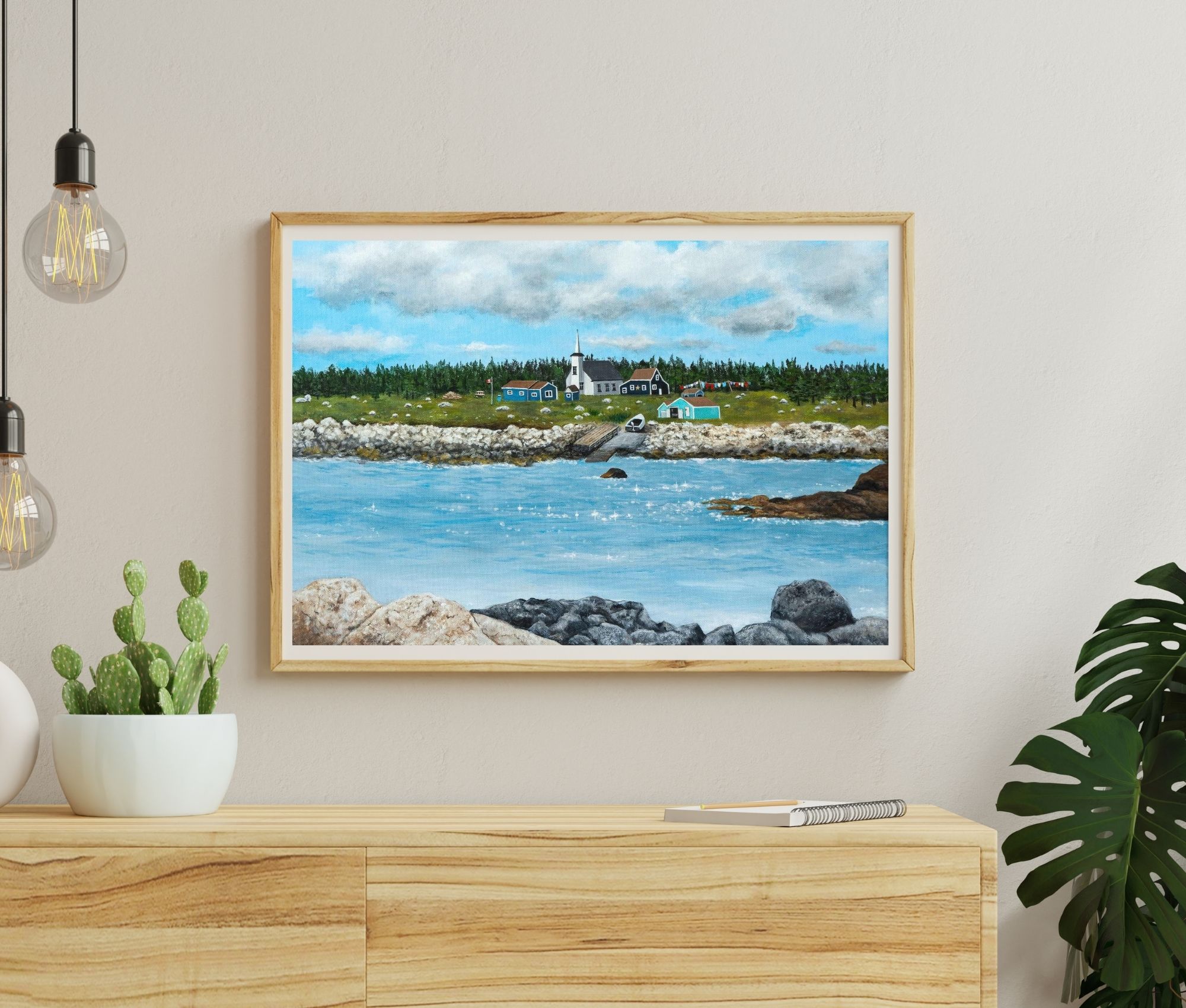 a print of seal island nova scotia featuring a coastal landscape of old buildings and a church with a wharf and slipway and an ocean foreground