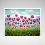 a giclee print of a field of pink vibrant tulips standing tall in a green field. The sky behind them is soft blue with fluffy clouds
