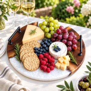 Handcrafted Round Walnut & White Epoxy Charcuterie Board with Handles – Cheese & Serving Board