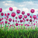 a giclee print of a field of pink vibrant tulips standing tall in a green field. The sky behind them is soft blue with fluffy clouds
