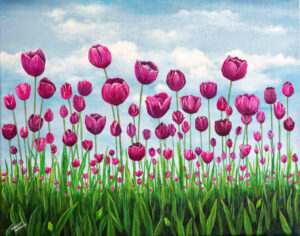 a giclee print of a field of pink vibrant tulips standing tall in a green field. The sky behind them is soft blue with fluffy clouds