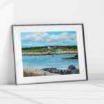 a print of seal island nova scotia featuring a coastal landscape of old buildings and a church with a wharf and slipway and an ocean foreground