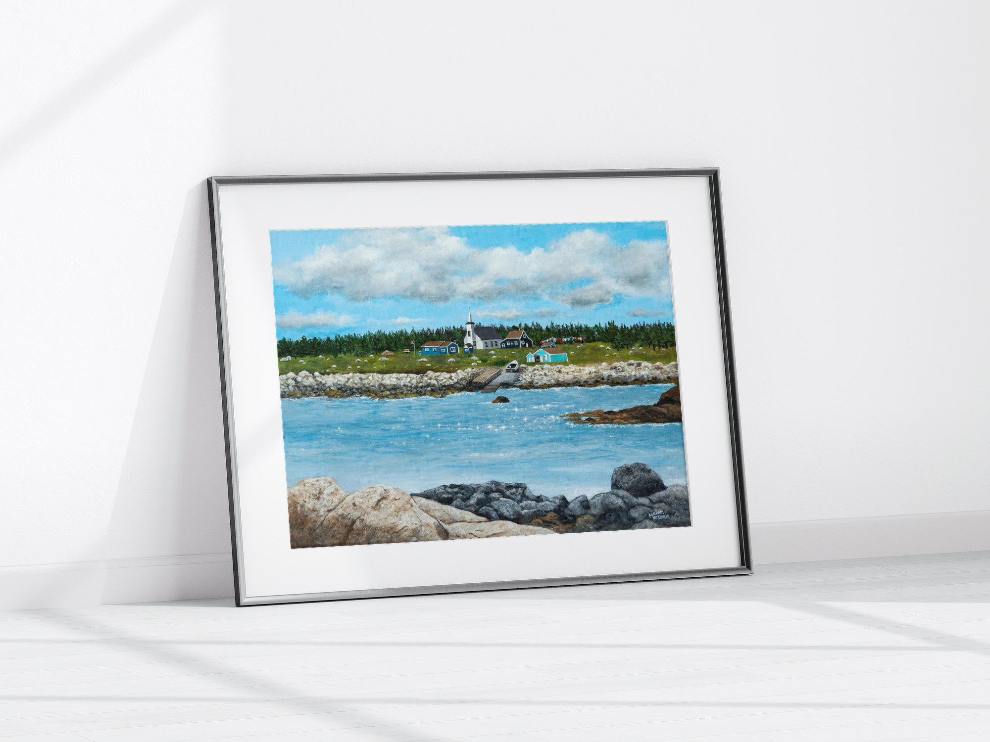 a print of seal island nova scotia featuring a coastal landscape of old buildings and a church with a wharf and slipway and an ocean foreground