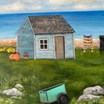 a close up of a print of a shanty and clothes on the line, a two fishing balloons