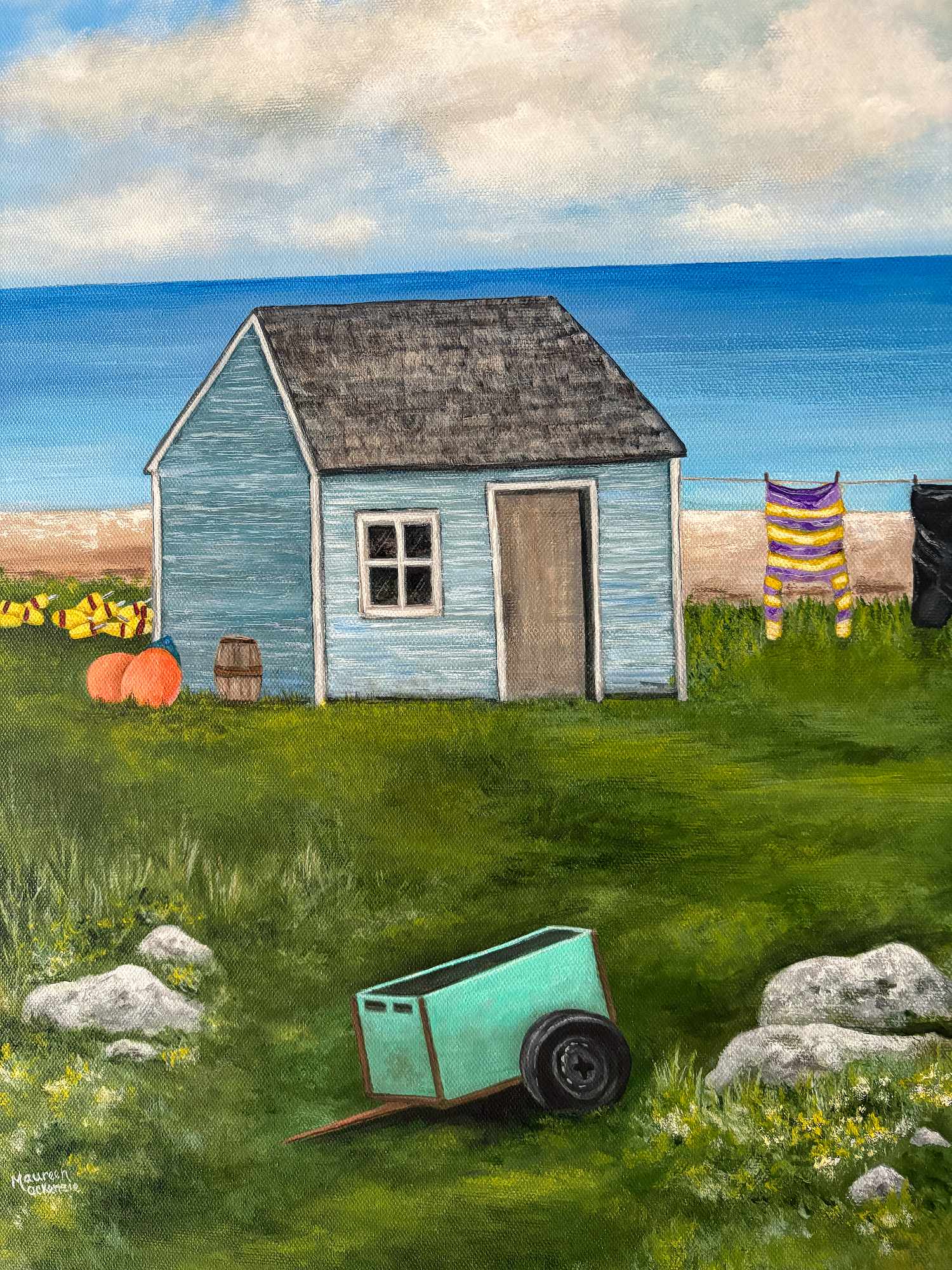 a close up of a print of a shanty and clothes on the line, a two fishing balloons
