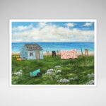giclee print of seal island nova scotia featuring a shanty, a clothesline with clothes and a quilt and a green cart on a rocky field.