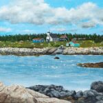 a print of seal island nova scotia featuring a coastal landscape of old buildings and a church with a wharf and slipway and an ocean foreground