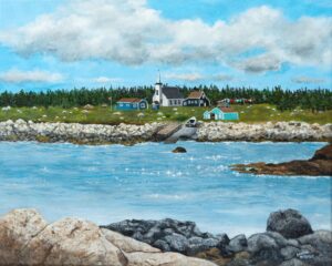 a print of seal island nova scotia featuring a coastal landscape of old buildings and a church with a wharf and slipway and an ocean foreground
