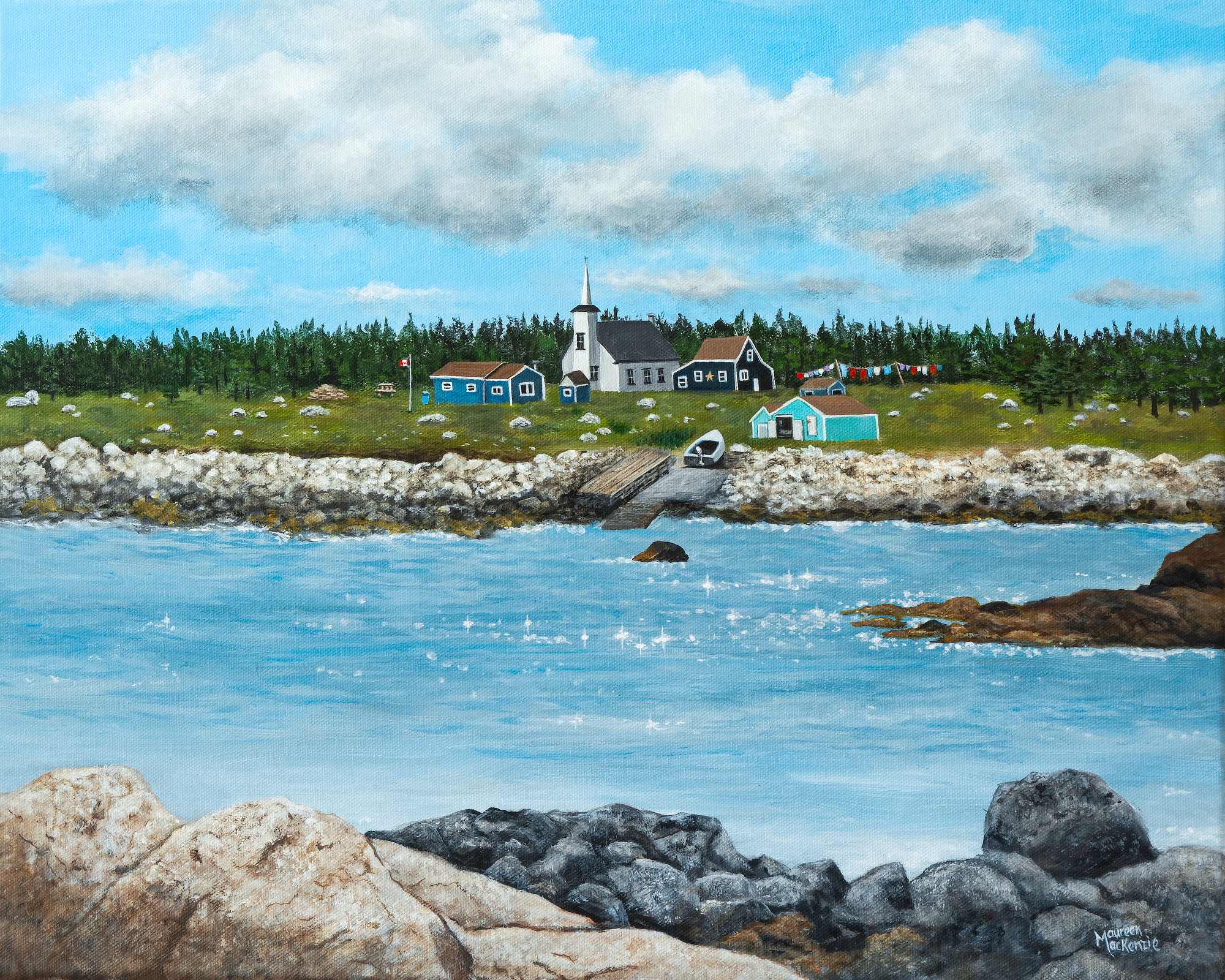 a print of seal island nova scotia featuring a coastal landscape of old buildings and a church with a wharf and slipway and an ocean foreground