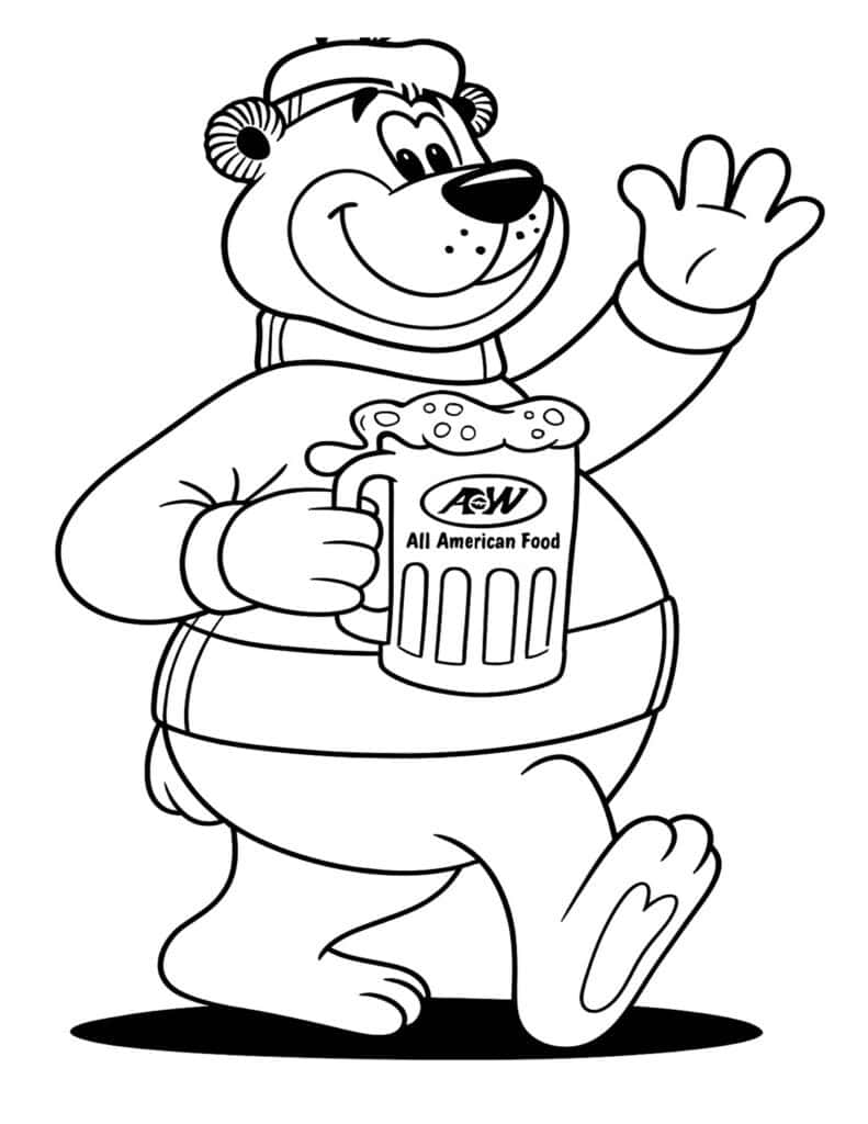Cheerful cartoon bear holding a beer mug, waving and smiling, in black and white.