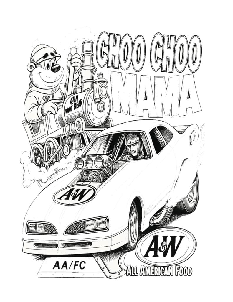 Bright coloring page featuring a race car, bear character, and fun "Choo Choo Mama" text for kids' outdoor activities.