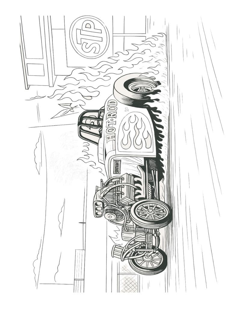 Vintage hotrod car with flame decals on a racetrack, classic car racing image.