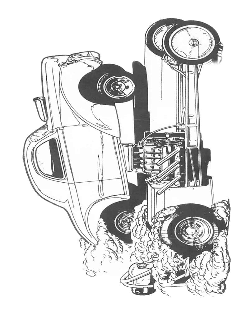 Vintage car burning in a cartoon-style black and white illustration.
