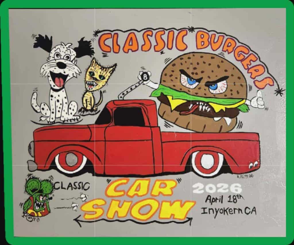Classic cartoon dog, cat, burger and car illustration.
