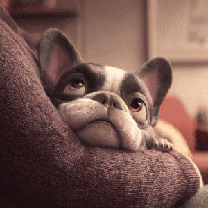 French_Bulldog_nestled_ French bulldog cuddling in owners arms