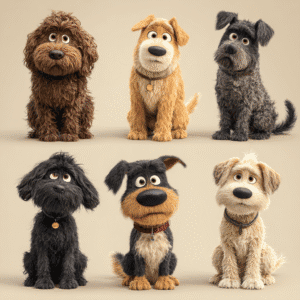 cartoon_style_3d_render_of_Crossbreeds_Labradoodles_Pug_dog