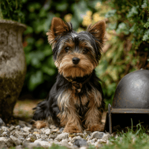 yorkshire terrier sitting next to army helmet