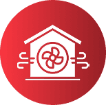 Red circular logo featuring a white house outline with a fan shaped roof vent inside representing roofing services