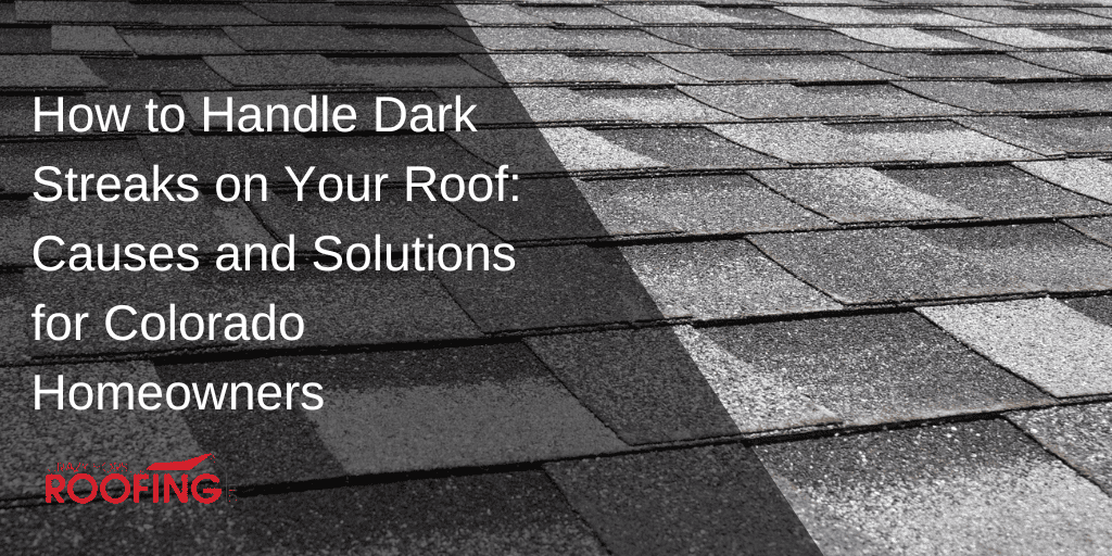 Dark asphalt shingle roof with water streaks demonstrating common roofing issues and solutions for Colorado homeowners