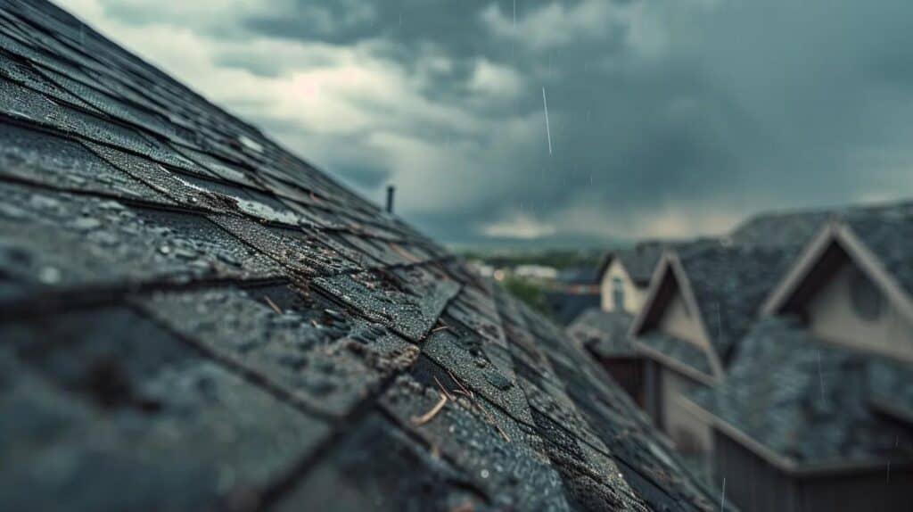 Weathered asphalt shingle roof with rain droplets installed by Crazy Horse Roofing showcasing durable roofing solutions for homes