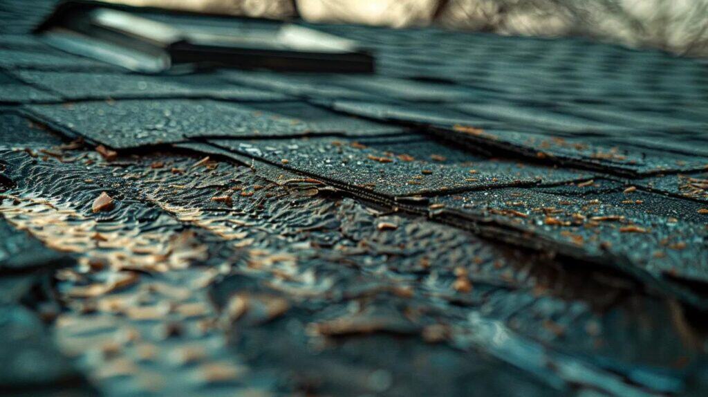 Water droplets on asphalt shingles after rain showcasing roofing materials for storm resistant roofs