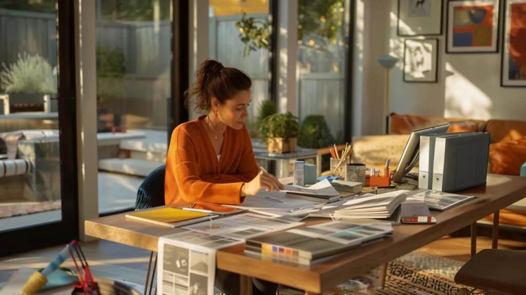 Bright woman working on architectural plans at home office showcasing interior design and roofing consultation services