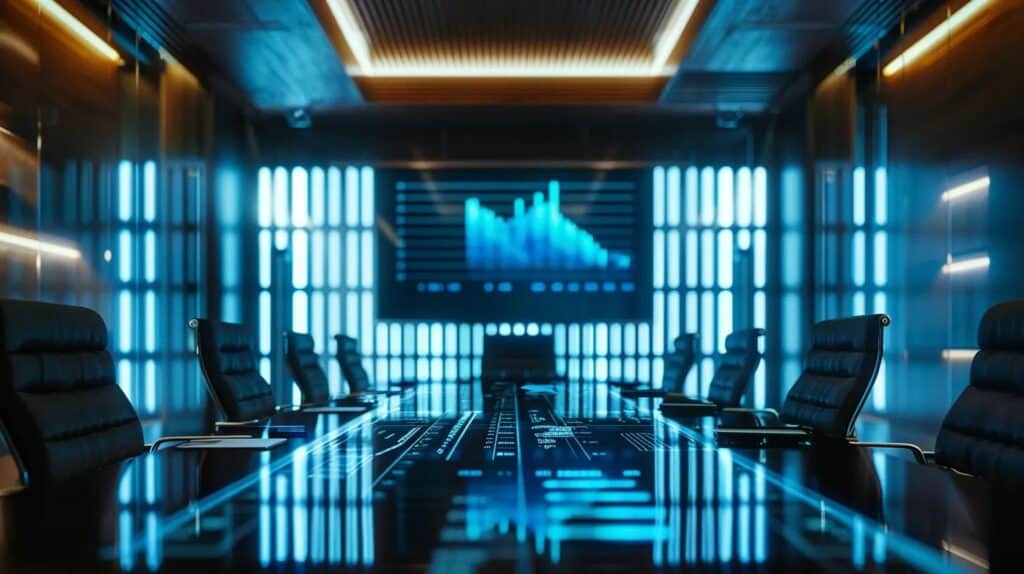 High tech modern conference room with digital screens and sleek black chairs ideal for business meetings and corporate events