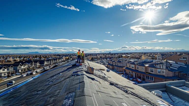 Premium roofing installation by Crazy Horse Roofing with professional roofers on a residential property in a suburban neighborhood.
