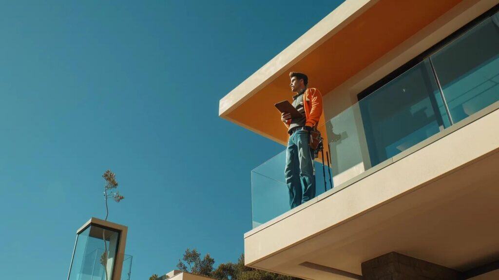 Modern house with balcony showcasing contemporary architecture and roofing Perfect for home renovation or roof replacement projects by Crazy Horse Roofing