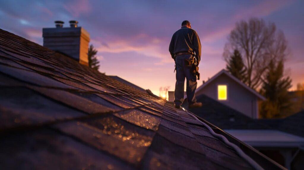 Maintenance roofer inspecting a residential roof at sunset emphasizing professional roofing services