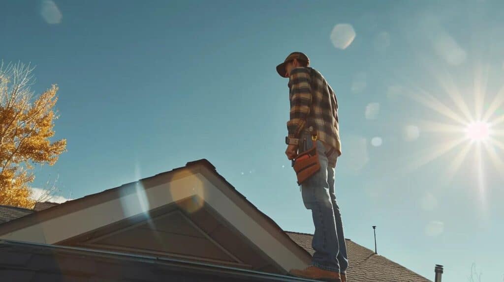 Roof inspection by professional roofing contractor on a sunny day highlighting expertise in roof repair and replacement services for residential homes
