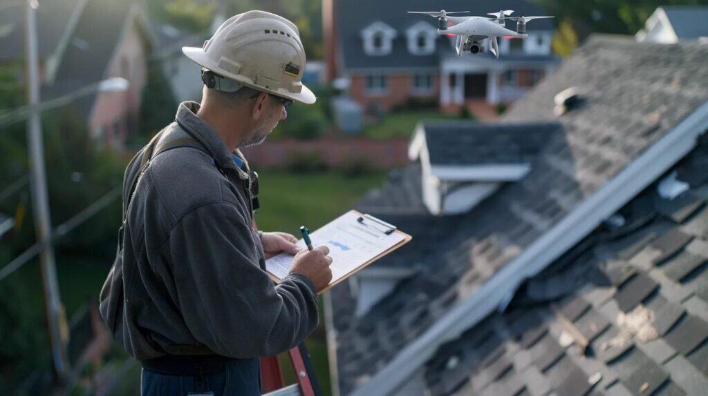 a roofing inspector carefully evaluates a shingle roof from a stable ladder equipped with a clipboard and flashlight while a sophisticated drone hovers above capturing detailed footage of the roofs damaged areas against a backdrop of a suburban neighborhood