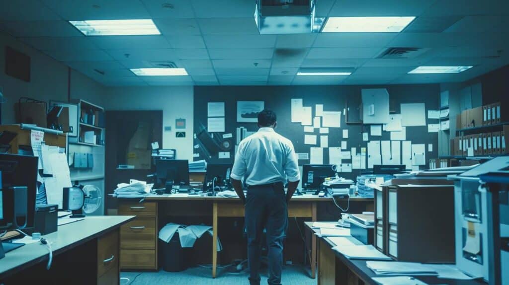Office worker assessing blueprints in a busy cluttered office environment emphasizing professionalism and project planning for roofing services