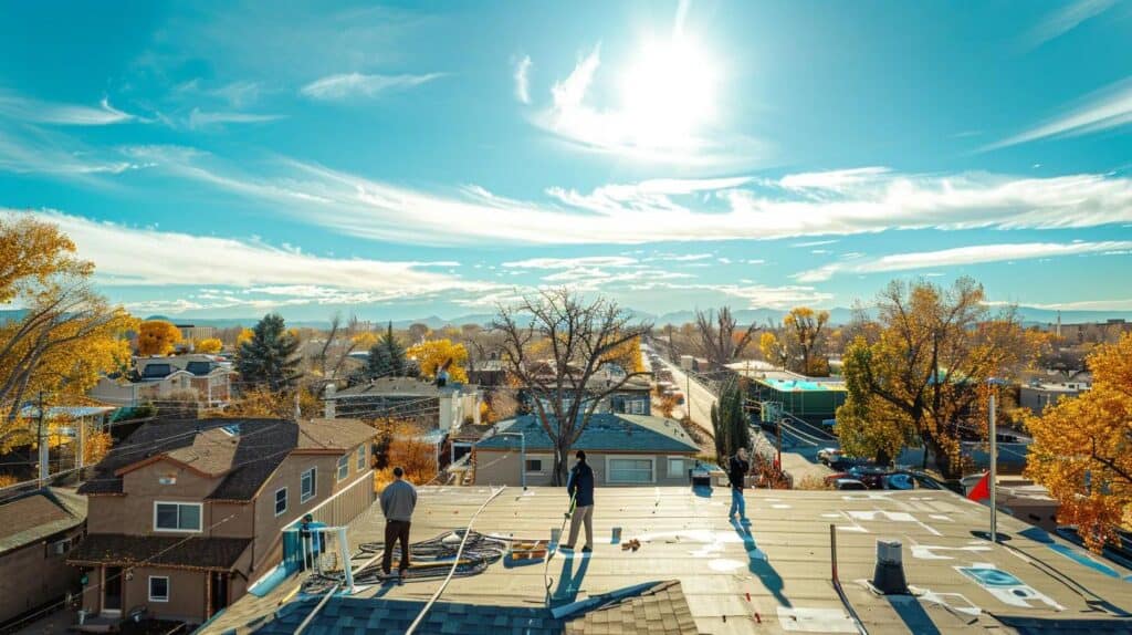 High angle view of roof roofing professionals installing a new metal roof in a residential neighborhood during fall