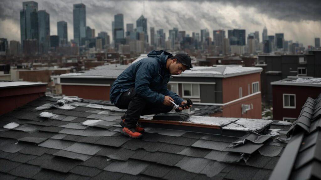 Cracked shingle roof inspection by professional roofer in an urban setting with city skyline in background