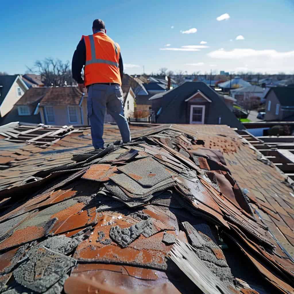 Roof repair expert inspecting damaged shingles on a residential roof during daytime in an urban neighborhood