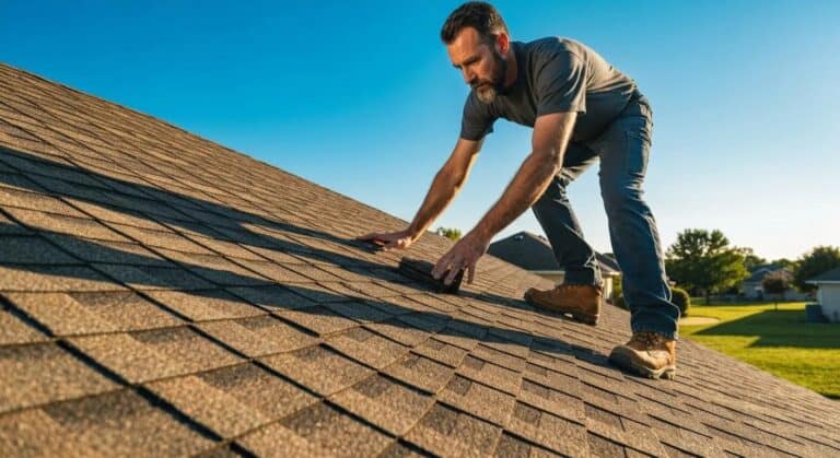 Shingle roofer inspecting residential roof for damage or maintenance needs.