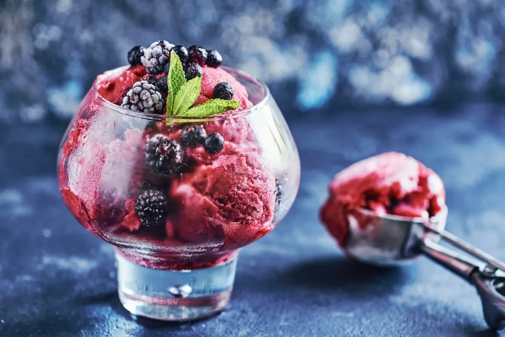 Blackberry Mint Sorbet in a glass bowl with fresh mint leaves.