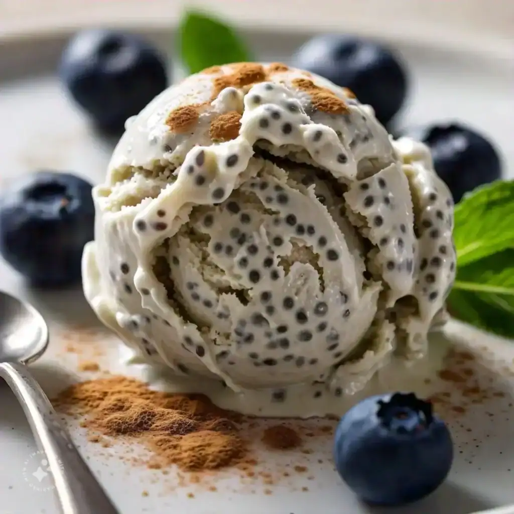 Delicious chia seed ice cream scoop with blueberries and mint garnish.