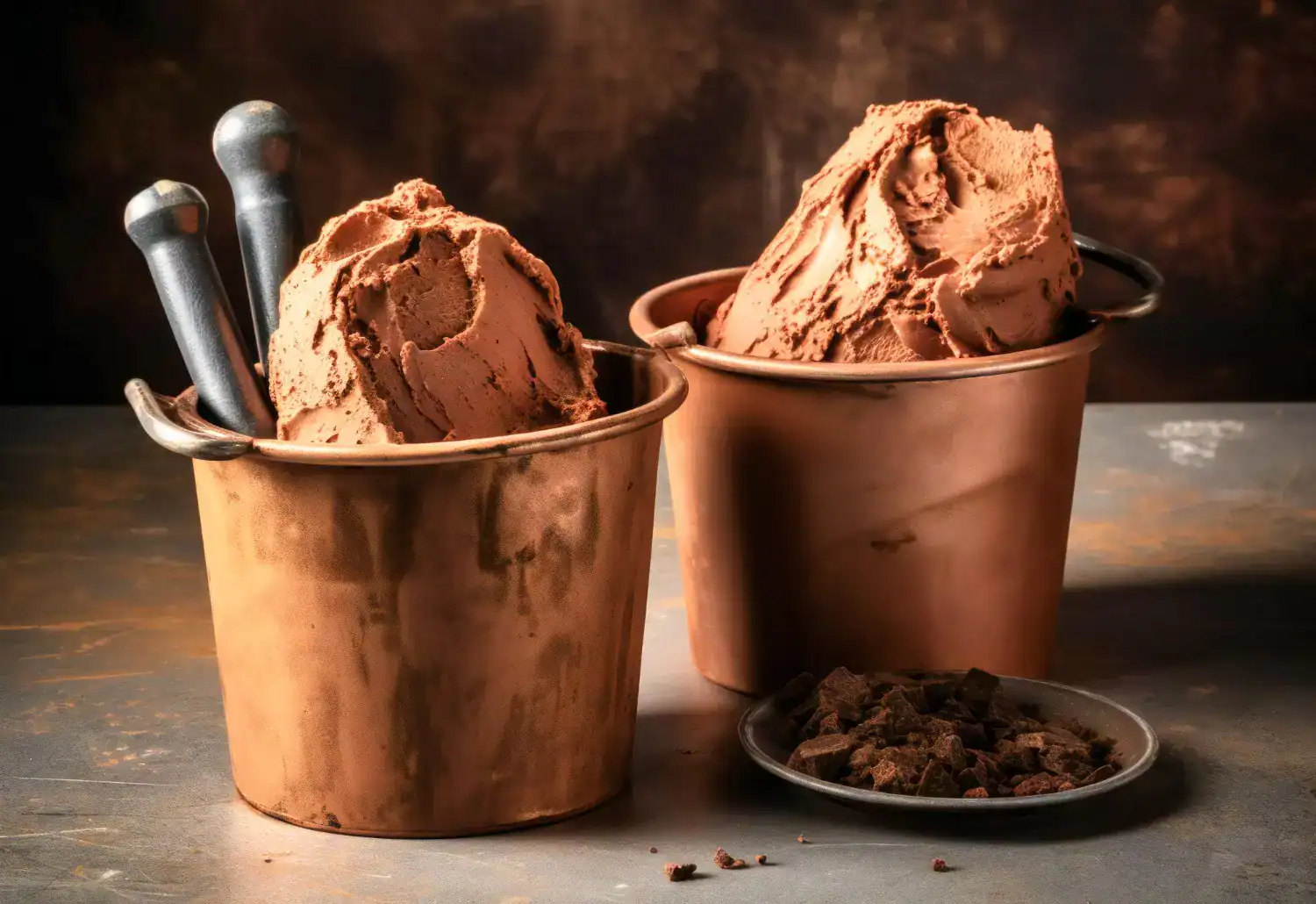 Chocolate peanut butter ice cream in copper buckets with ice cream scoops.